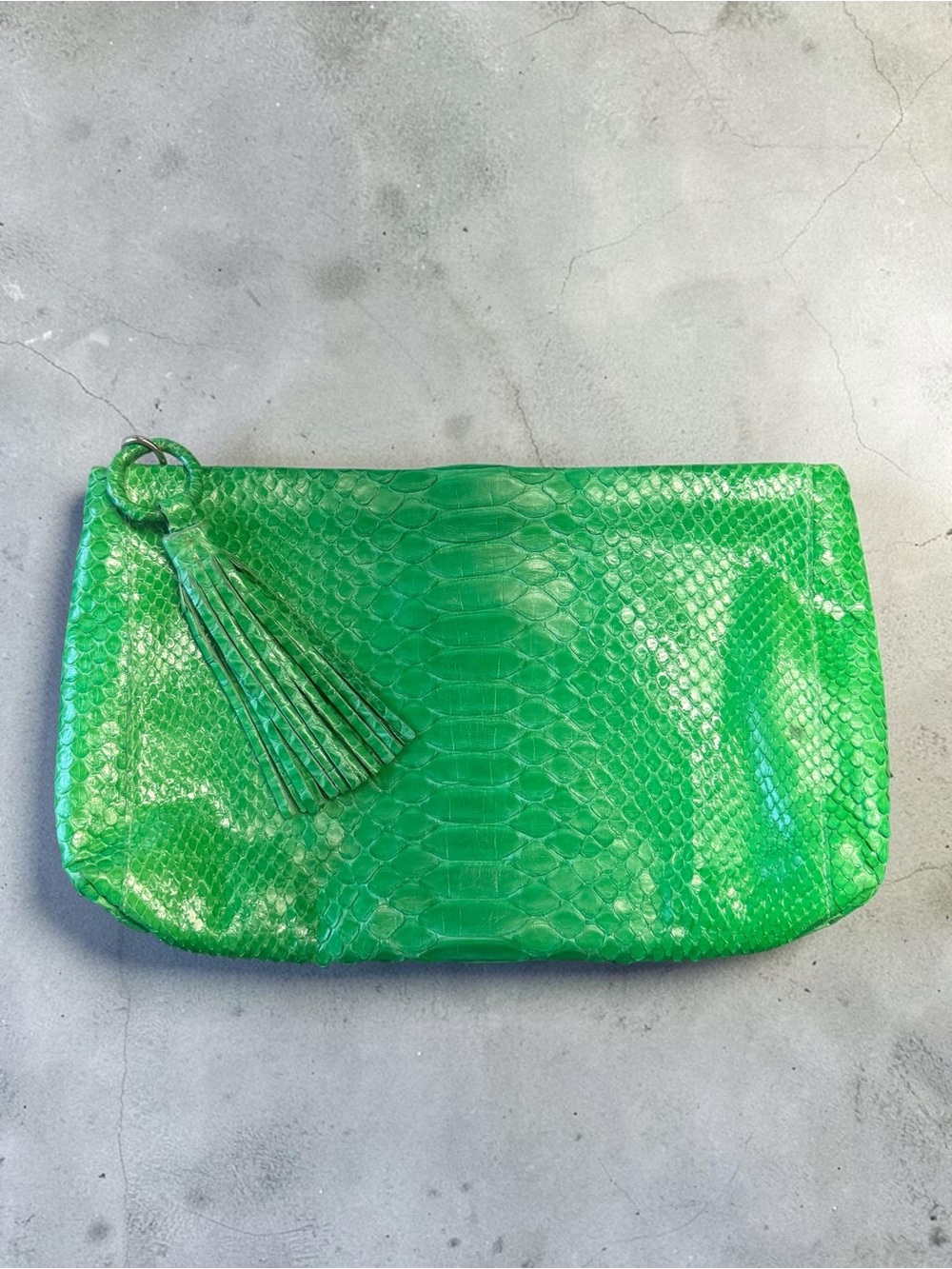 Green Python-Embossed Tassel Clutch